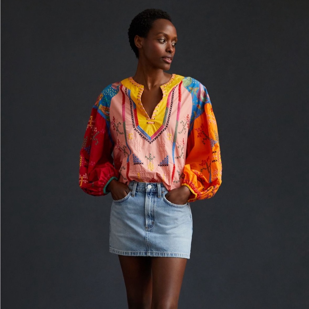 Farm Rio Color Block Embroidered Blouse